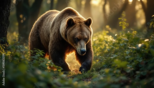 À pas lourds, le grizzli explore le sentier de la forêt luxuriante, fouillant du regard et de l'odorat le moindre indice qui pourrait le conduire à un repas. photo