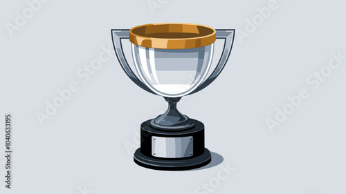 Realistic trophy and achievement prize made of glass or crystal on black stand with metal name plate. Vector illustration set of transparent blank plastic or plexiglass glossy success plate cup award.