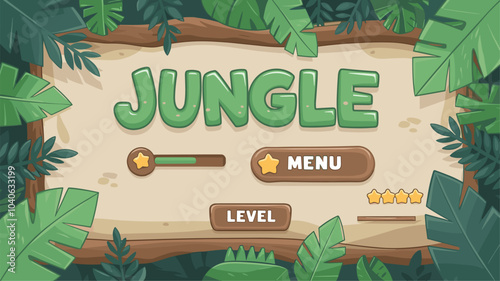 Jungle game ui design elements set - wood menu frame with green tropical leaves, round buttons and level asset with star rating. Cartoon vector illustration kit for adventure mobile game interface