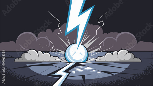 Lightning hit ground or floor with burst vfx effect, light ball and smoke clouds. Cartoon vector illustration set of blue thunder bolt with flash and power energy splash for game ui design.