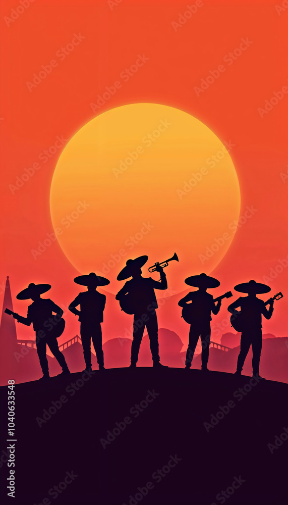 Fototapeta premium mariachi, band, silhouette, sunset, music, instruments, trumpet, guitar, culture, celebration, traditional, vibrant, landscape, performance, group, people, joy, Mexican, harmony, evening, entertainmen