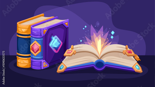 Magic books for game ui design. Cartoon vector illustration set of closed fantasy wizard literature with hardcover decorated with gold and gem stone. Ancient alchemy or witch grimoire with glow effect