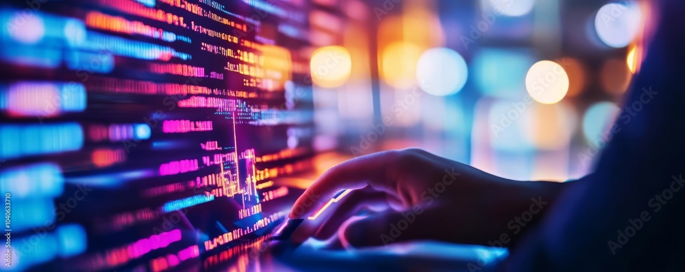 Software developer debugging, neon-lit hologram interface, ultra-modern digital environment Software developer debugging, neon-lit hologram interface, ultra-modern digital environment
