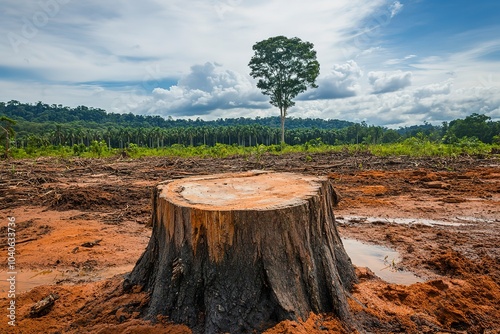 Large tree stump in deforested tropical landscape photo