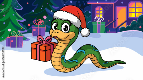 Cute snake cartoon character for Christmas and New Year design. Animal symbol of 2025 year in Santa hat and with wrapped gift boxes. Vector illustration set of funny childish crawling serpent.