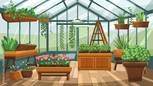 Greenhouse interior with glass walls, wooden furniture and green plants in flowerpot and vase. Cartoon vector illustration of conservatory garden inside with greenery and cultivation equipment.