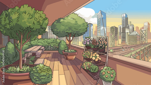 Home garden on high terrace or rooftop of skyscraper with cityscape on background. Cartoon vector patio or veranda with wooden floor, green trees and plants in pots, flowers in vases on rack and table
