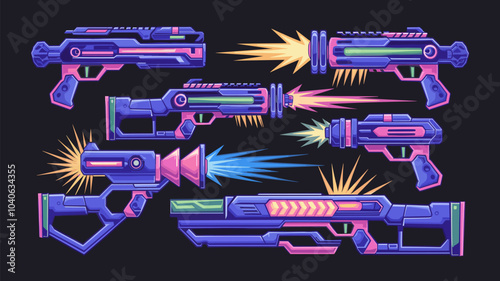 Cartoon set of futuristic game laser guns isolated on black background. Vector illustration of magic space weapon with neon beams, energy strike effect, shot trace, alien blaster attack. Scifi pistol