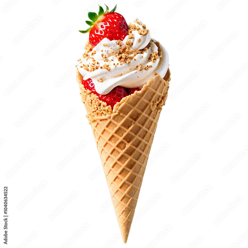 Strawberry ice cream cone, elegantly displayed against a transparent background. Visual and sweet! Strawberry ice cream cone, elegantly displayed against a transparent background. Visual and sweet!