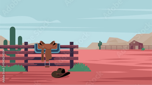 Horse saddle hanging on wooden ranch fence at wild west landscape. Cartoon background with desert land, cloudy sky, red dry ground. Mexican or american farm with cowboy equipment, Vector illustration