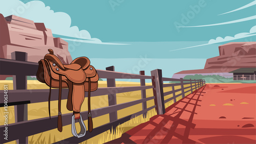 Horse saddle hanging on wooden ranch fence at wild west landscape. Cartoon background with desert land, cloudy sky, red dry ground. Mexican or american farm with cowboy equipment, Vector illustration