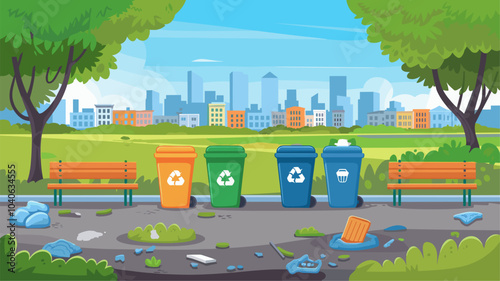 Dirty city park with trash bins for separate and recycle garbage, wooden benches and town buildings on skyline. Vector cartoon landscape of public garden with litter and containers for sorting waste
