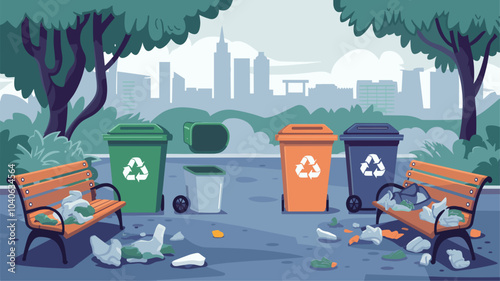 Dirty city park with trash bins for separate and recycle garbage, wooden benches and town buildings on skyline. Vector cartoon landscape of public garden with litter and containers for sorting waste