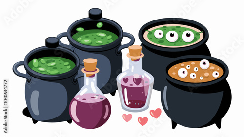 Cauldrons with witch magic potions. Green poison, love potion, soup with eyeballs in old cooking boilers. Black witchcraft cauldrons, vector cartoon set isolated on background