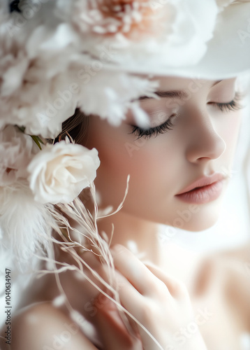 A beautiful woman with closed eyes wearing an elegant hat adorned with feathers and flowers, in white tones, exudes elegance through her soft gaze. Elegant movements and romantic emotions.