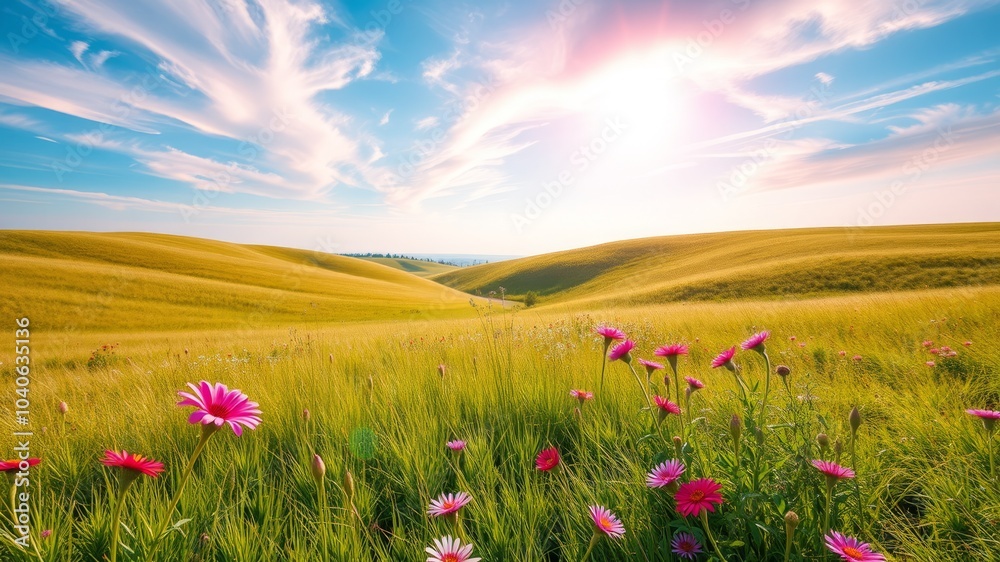 Bokeh Effect on a Lush Grass Field with Vibrant Pink and Blue Sky - Photorealistic Landscape Photography Bokeh Effect on a Lush Grass Field with Vibrant Pink and Blue Sky - Photorealistic Landscape Photography