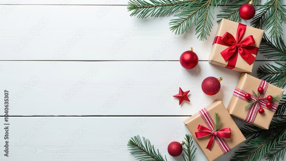 Brown Christmas boxes with red ribbons, balls and fir tree branches flat lay banner frame on white wooden background, copy space, space for text, New year, sale, frame, present box, happy holidays Brown Christmas boxes with red ribbons, balls and fir tree branches flat lay banner frame on white wooden background, copy space, space for text, New year, sale, frame, present box, happy holidays