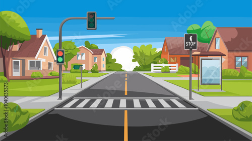 Suburban town street with pedestrian crossing. Vector cartoon illustration of residential neighborhood with houses, traffic light and bus stop sign on empty road, green lawn and trees, blue summer sky