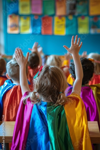 Group of children dressed in superhero costumes sitting at their desks in a classroom, eagerly raising their hands to answer questions