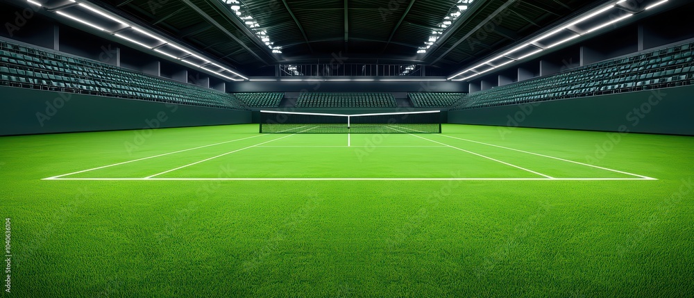 Fototapeta premium Spectacular indoor tennis court with vibrant green turf and bright lighting.
