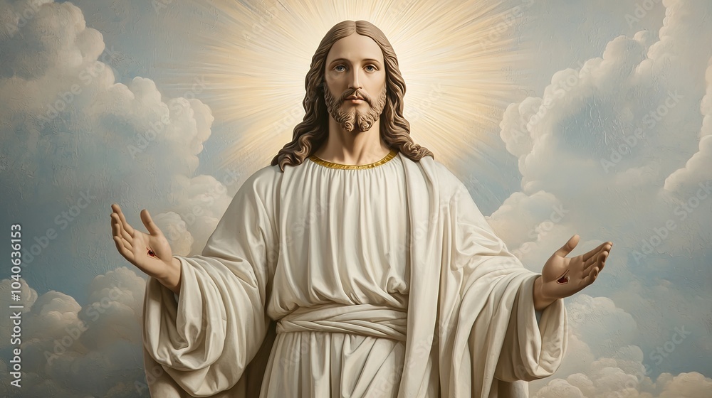 The image depicts a serene figure resembling a religious leader, enveloped in light, with outstretched arms in a heavenly background. The image depicts a serene figure resembling a religious leader, enveloped in light, with outstretched arms in a heavenly background.