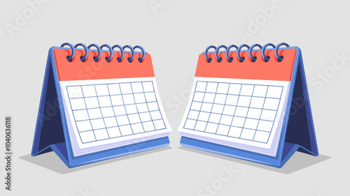 Calendar mockup with blank pages and spiral. Desktop vertical paper calender mock up front and side view isolated on white background. Agenda, almanac template. Realistic 3d vector illustration, set