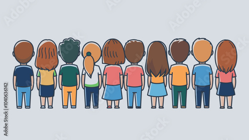 People from behind, male and female characters group stand in row rear view isolated on white background. Abstract young persons line backside position, Cartoon linear flat vector illustration