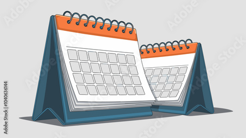 Calendar mockup with blank pages and spiral. Desktop vertical paper calender mock up front and side view isolated on white background. Agenda, almanac template. Realistic 3d vector illustration, set