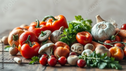 Long Exposure of Fresh Vegetables and Fruits on Wooden Table for Stunning Photorealistic Imagery photo