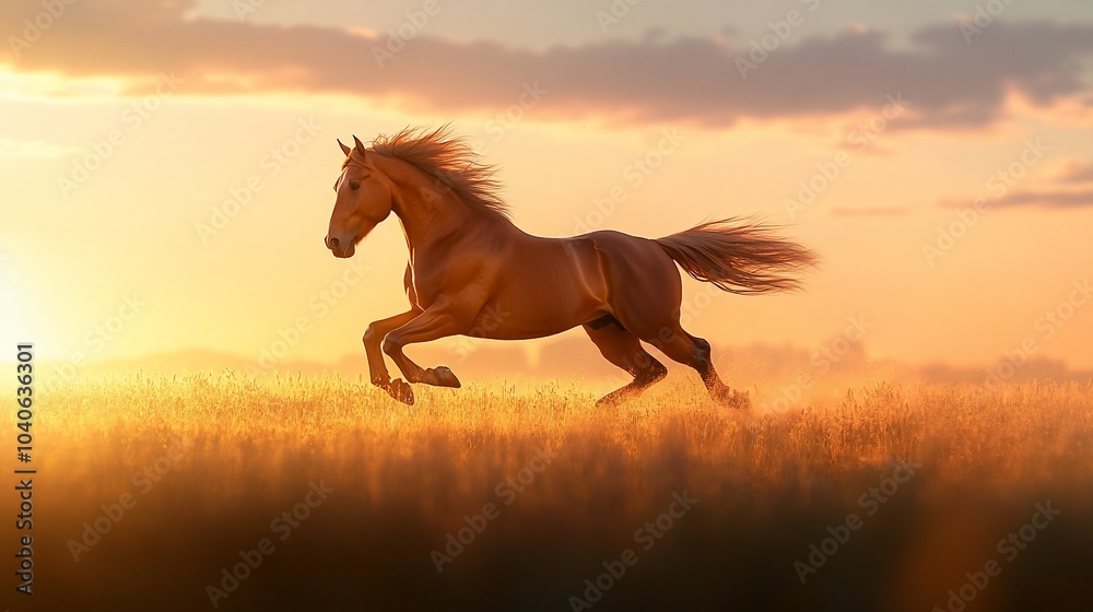 A majestic chestnut horse gallops across a golden field at sunset, mane and tail flowing in the wind. A majestic chestnut horse gallops across a golden field at sunset, mane and tail flowing in the wind.