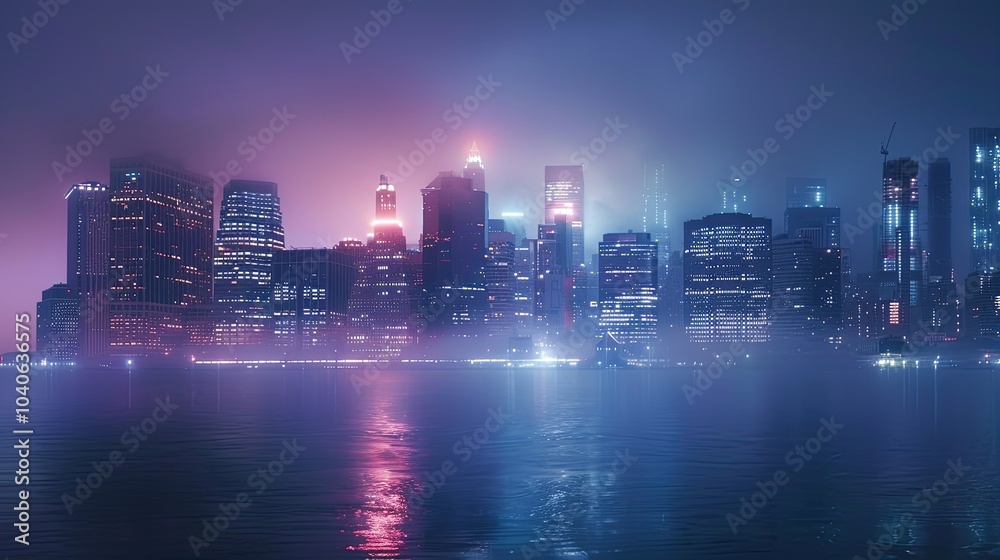 Fototapeta premium A foggy night in New York City with the skyline partially obscured, the lights of the skyscrapers glowing softly through the mist, creating a mysterious and serene scene