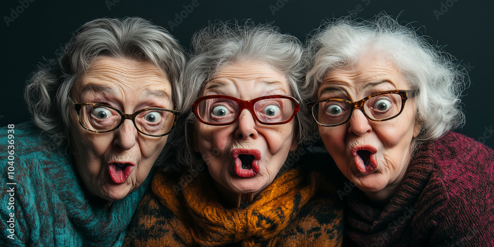 Three elderly women with exaggerated facial expressions and large round glasses pose humorously, puckering their lips. Three elderly women with exaggerated facial expressions and large round glasses pose humorously, puckering their lips.