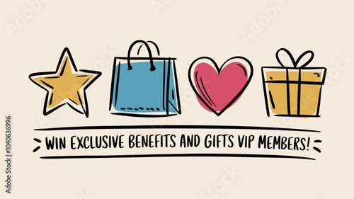 Loyalty program icons, customer reward, bonus, discount card. Vector hand drawn signs of loyal clients incentive, exclusive benefits and gifts for vip members