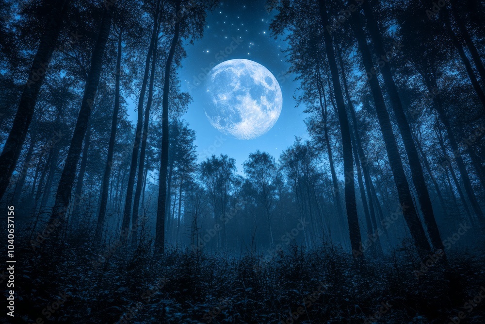 Naklejka premium Soft Moonlit Forest with Glowing Stars