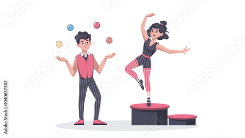 Male juggler and female acrobat isolated on white background. Vector cartoon illustration of circus performer juggling with balls, flexible contortionist standing on hands on podium. Talent festival