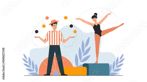 Male juggler and female acrobat isolated on white background. Vector cartoon illustration of circus performer juggling with balls, flexible contortionist standing on hands on podium. Talent festival