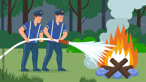 Firemen with hose extinguishing fire in forest. Vector cartoon illustration of two male characters in uniform pouring water at wildfire caused by camp bonfire and garbage left on glade, smoke in air