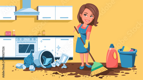 Housewife cleaning messy kitchen. Vector cartoon illustration of smiling woman with broom and sponge, bucket and bottle of detergent, garbage on dirty floor, broken oven glass, housekeeping work