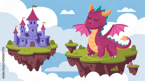 Fantasy castle and magic dragon floating on islands in sky. Vector cartoon illustration of fantastic reptile animal guarding dreamland with fairy tale fortress on pieces of land flying in clouds