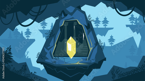 Underground mine cave game cartoon illustration. Dark mountain cavern inside with yellow crystal and portal door. Fantasy dungeon tunnel with mysterious entrance to parallel place 2d level scene