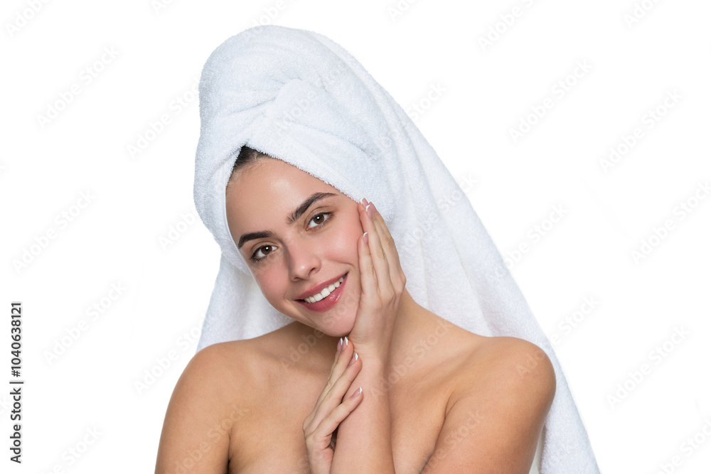 Cosmetology and personal care. Skincare beauty. Beauty cosmetic routine. Beauty day in spa. Skincare cosmetology. Youthful complexion and healthy skin. Woman after bath in towel isolated on white Cosmetology and personal care. Skincare beauty. Beauty cosmetic routine. Beauty day in spa. Skincare cosmetology. Youthful complexion and healthy skin. Woman after bath in towel isolated on white