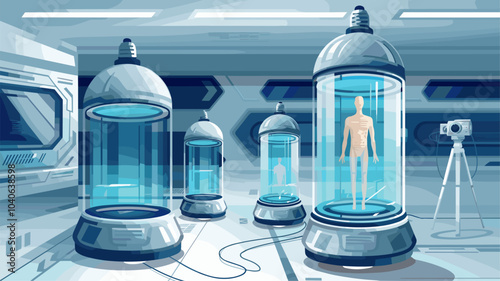 Cryonics capsules, empty and full futuristic containers, glass tubes with cryogenic liquid for hibernation. Scientific technology camera, Sci-fi laboratory equipment, Realistic 3d vector illustration