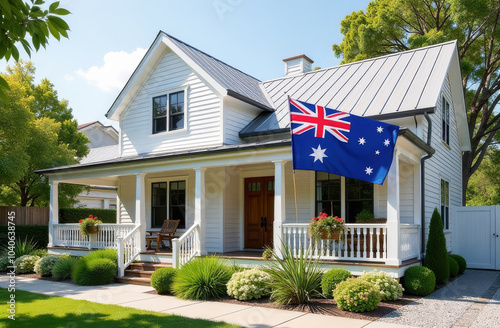 Charming Hampton-style house with an Australian flag, surrounded by lush greenery on a sunny day in a suburban neighbourhood. Concept of Australia Day celebration. 