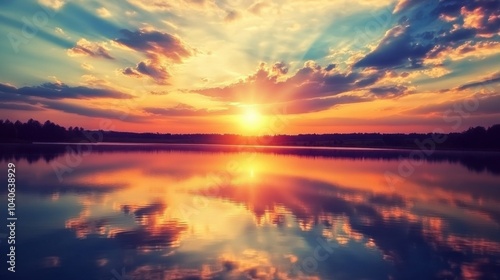 A serene sunset over a tranquil lake with reflections of colorful clouds, Nature contemplation theme, Peaceful style