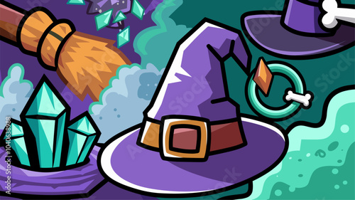 Witch cartoon game ui elements. Vector icons set of fantasy wizard equipment for witchcraft - magic broom and purple sorcerer hat, green fog and zombie hat with bone, ring with green gem crystals.