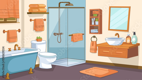 Cartoon bathroom interior design. Vector illustration of clean room with bath, toilet, shower with glass wall, washbasin, mirror on wall, towels on shelf, soap bottle for personal hygiene. Cozy home