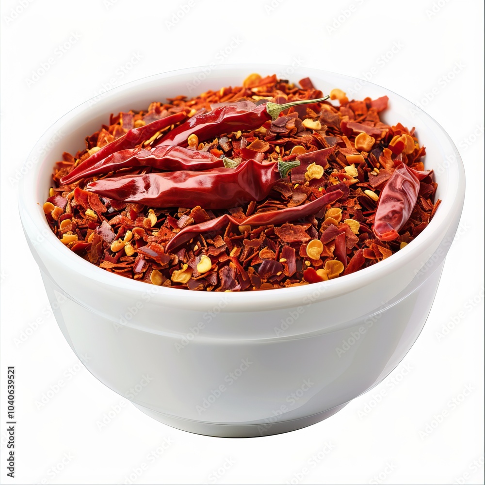 Spicy Dried Red Chili Peppers and Crushed Chili Flakes in White Bowl on Isolated Background