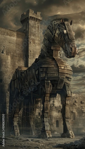 Stunning realistic image of the imposing wooden trojan horse against the iconic walls of troy
