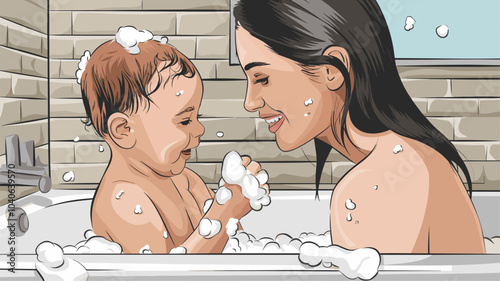 Baby and mom in bathroom wash hair with shampoo vector illustration. Kid character in bath with soap bubble and foam. Young mother waiting happy toddler son with towel near brick wall and mirror.