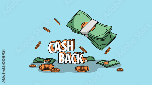 Cash back cartoon web banner with flying money. Advertising, promotion of refund, cashback service help to save finance. Black friday Shopping promo template with coins and bills, Vector illustration